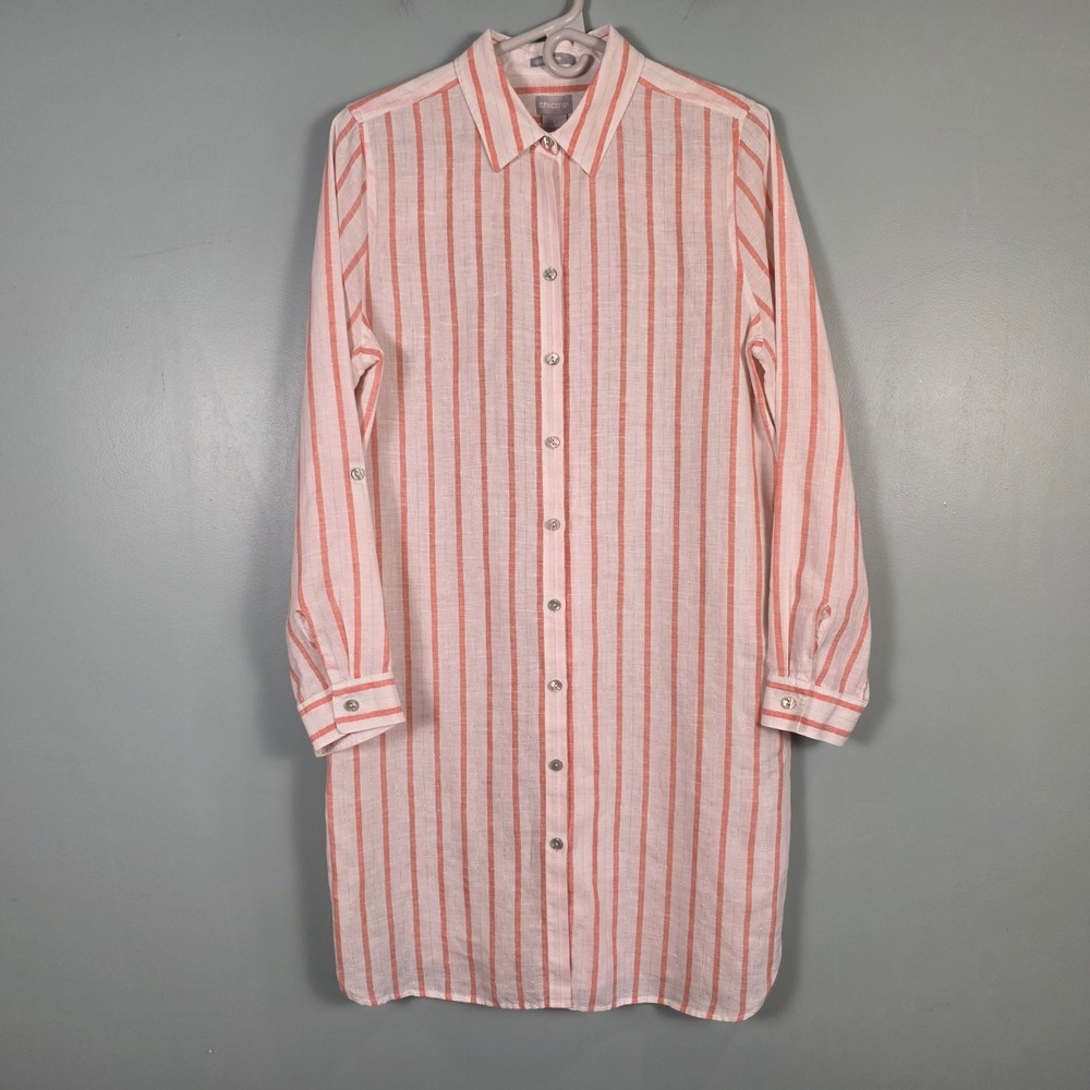Chicos No Iron Linen Shirt Dress Button Up Striped Size 1 Medium Coastal Beachy